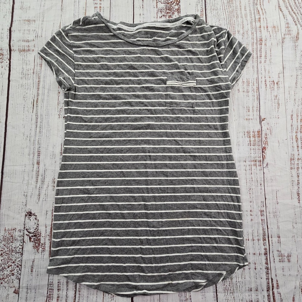 Liz Claiborne Gray‎ Striped Short Sleeve Long Tri-Blend Pocket T-Shirt Women's L